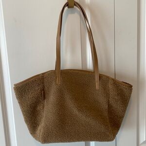 Neiman Marcus Beige Sherpa Faux Fur Nubuck Tote Bag Reversible Neutrals